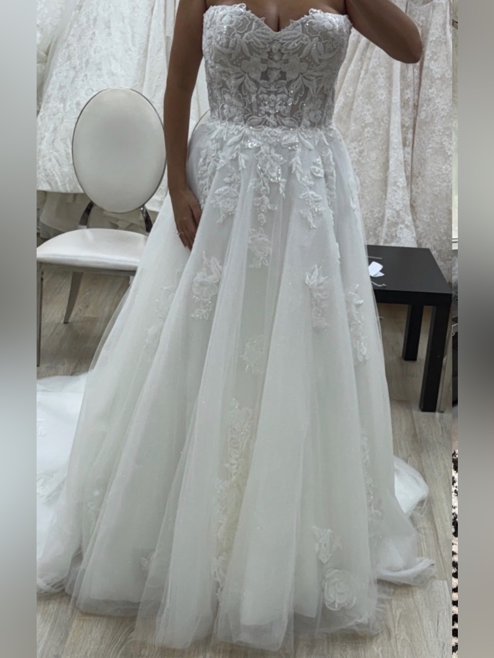Mon Cheri  A-Line Strapless Wedding Gown (no sleeves) - Lace and Tulle